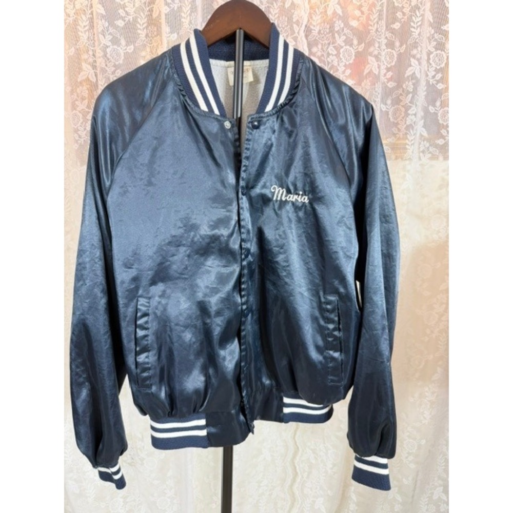 Vintage 80s Auburn Sportswear Navy Satin Bomber Jacket SuperSaver Advert Size L